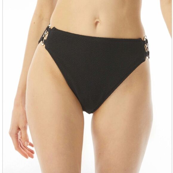 Michael Kors High-Leg Bikini Bottoms in Black with Ring Gold Chain Accents. NWT! - Picture 1 of 11